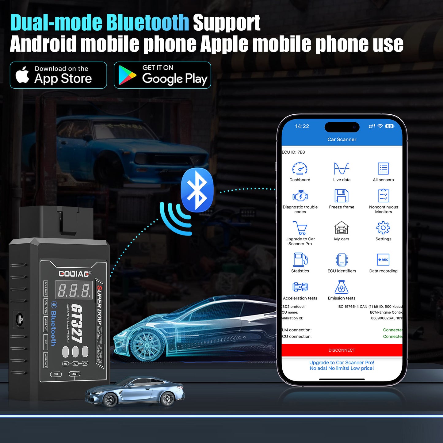 GODIAG GT327 SUPER DOIP ENET ELM327v1.5 Bluetooth 4.0 OBDII Scanner with Voltage Display for iOS/Android/Windows