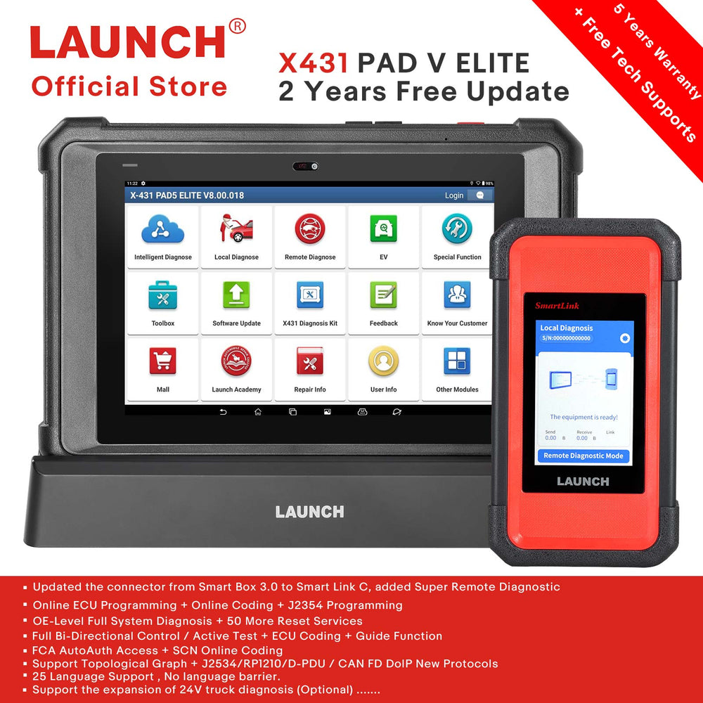 LAUNCH X431 PAD V ELITE Car Diagnostic Tool Online Programming Offline J2534 CAN FD\ DOIP Auto OBD2 Scanner Global Version