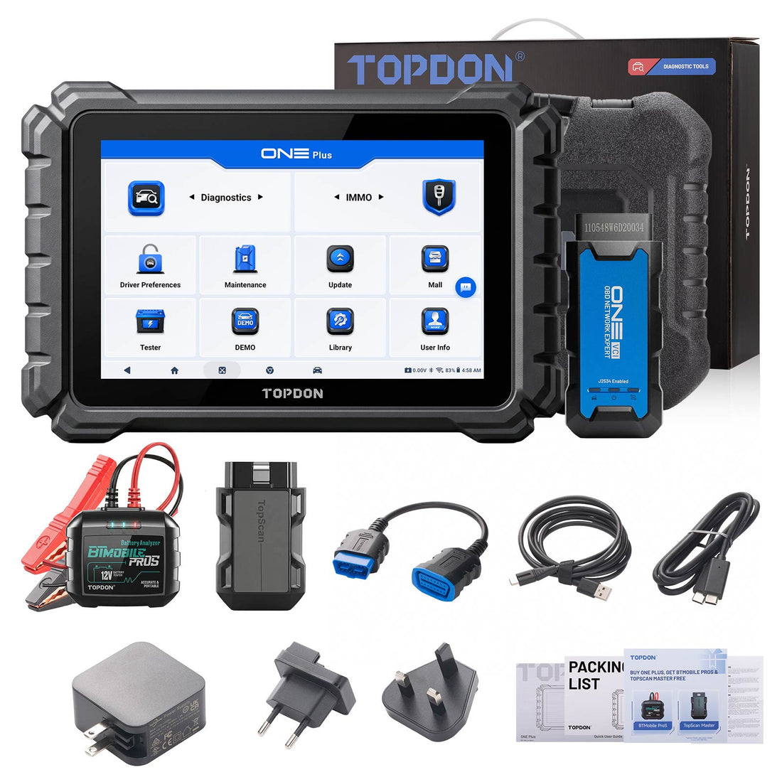 Topdon ONE Plus Bi-directional Diagnostic Scanner with BTMobile Pros and Topscan Master Supports Online Coding 52 Service Functions Topology TopFix AI