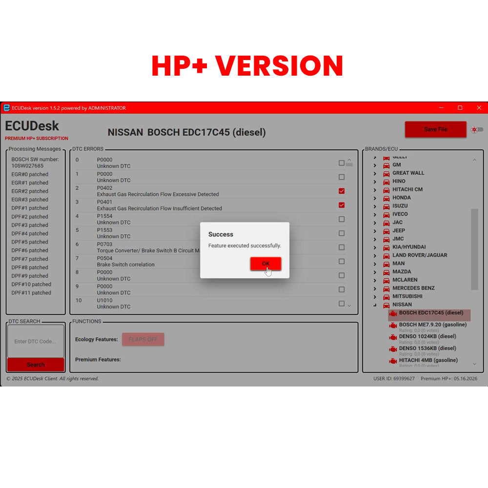 ECUDesk HP+ Professionelle ECU Tuning Software | Stufe 1, DPF/EGR/SCR AUS, IMMO AUS & Geschwindigkeitsbegrenzer Entfernung