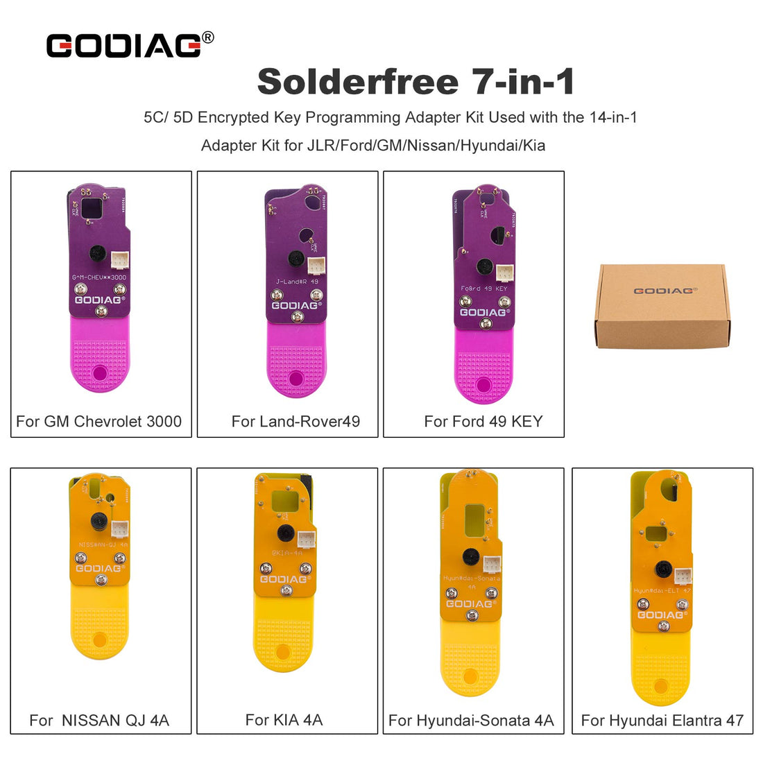 GODIAG Solderfree 7-in-1 5C/ 5D Encrypted Key Programming Adapter Kit Used with the 14-in-1 Adapter Kit for JLR/Ford/GM/Nissan/Hyundai/Kia