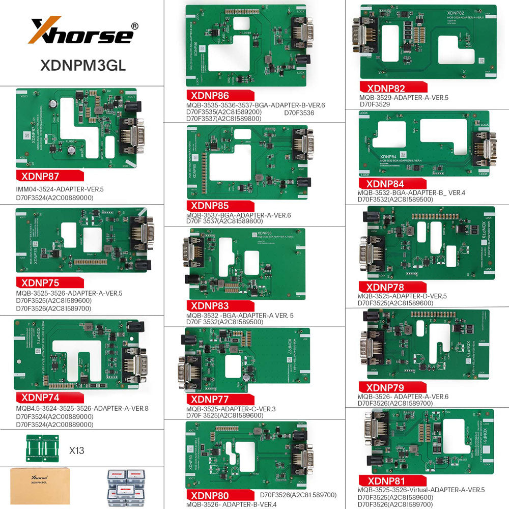 Xhorse MQB48 No Disassembly No Soldering 13 Full Set Adapters XDNPM3GL for VVDI Key Tool Plus, VVDI Prog and Multi-Prog