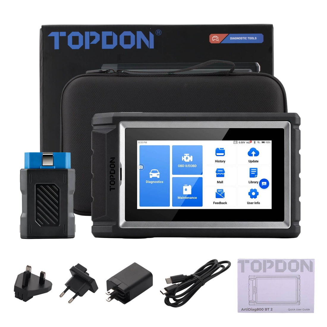 TOPDON Artidiag800 BT 2 سجلات تشخيص تاريخية 28 خدمة صيانة جميع أنظمة التشخيص دعم AutoVin و AutoScan دعم CAN-FD و FCA Gateway