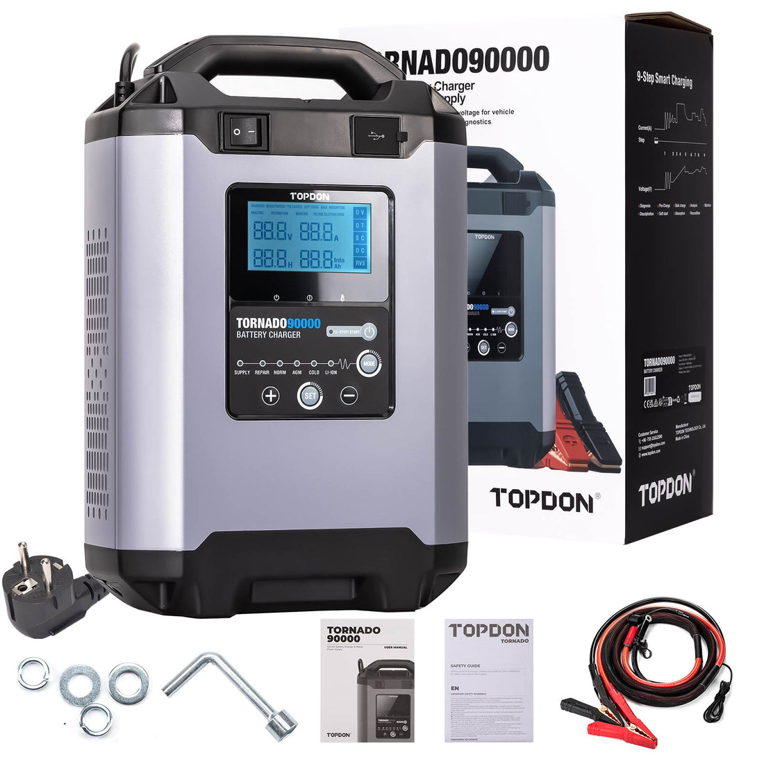 TOPDON Tornado90000 - Fuente de Alimentación Estable de 90A y Cargador Inteligente 12V/24V  