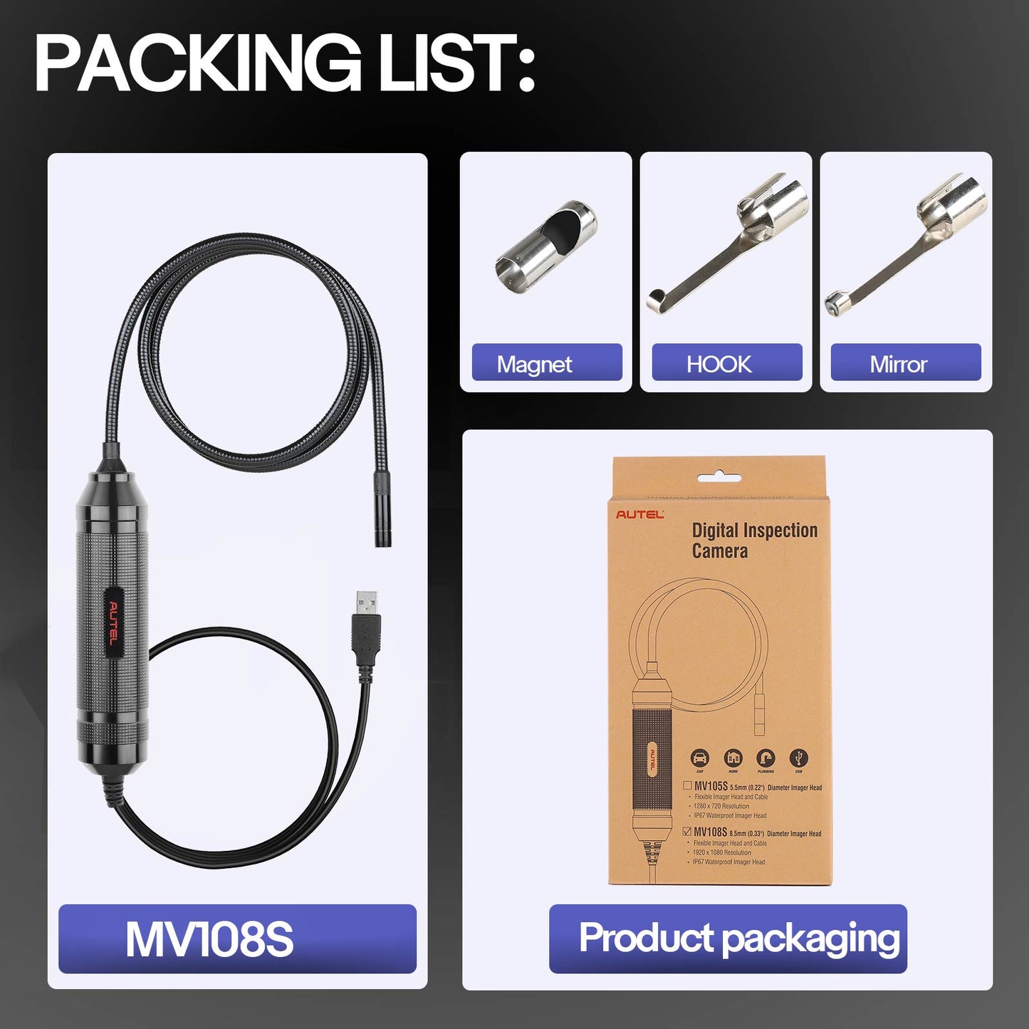 Original Autel MaxiVideo MV108S 8.5mm Digital Inspection Camera for MaxiSys Tablet Kit