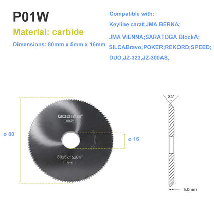 GODIAG P01W Angle Milling Cutter φ80x5xφ16x84° For Keyline Carat; JMA BERNA; VIENNA; SARATOGA Block A; Bravo; POKER; REKORD; SPEED; DUO, JZ-323