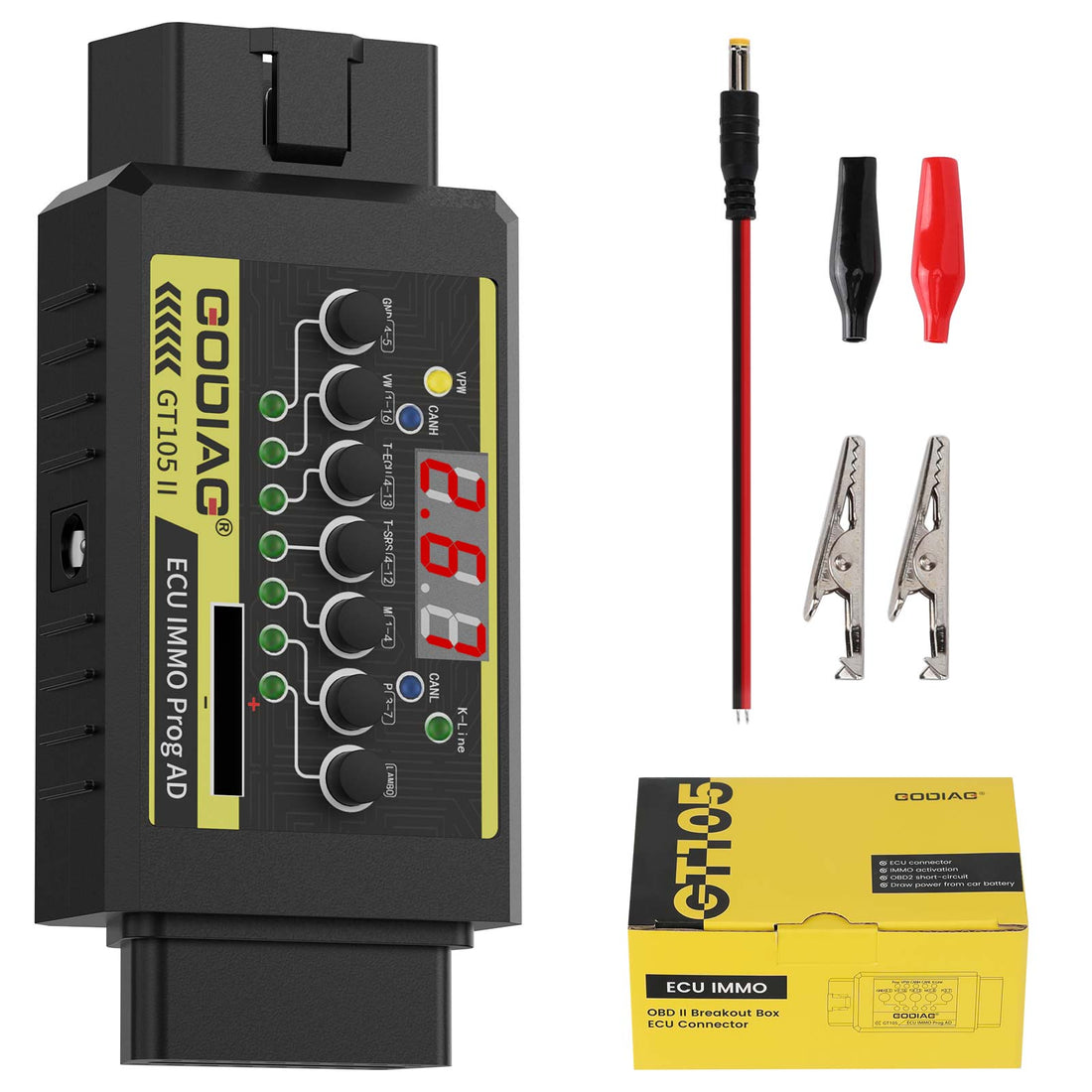 GODIAG GT105 II ECU IMMO Programming OBD2 Breakout Box with ECU Connector, Vehicle Voltage Display, and Low Battery Alarm