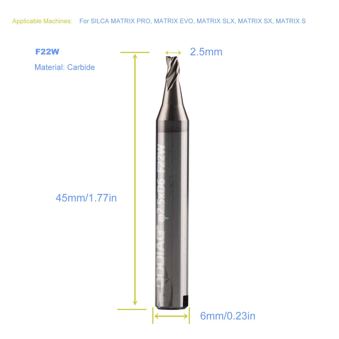 5pcs/lot GODIAG F22W 2.5MM End Milling Cutter φ2.5xD6x45Lx3F For SILCA MATRIX PRO, MATRIX EVO, MATRIX SLX, MATRIX SX, MATRIX S