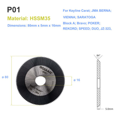 GODIAG P01 Angle Milling cutter φ80x5xφ16x84° For Keyline Carat; JMA BERNA; VIENNA; SARATOGA Block A; Bravo; POKER; REKORD; SPEED; DUO, JZ-323,