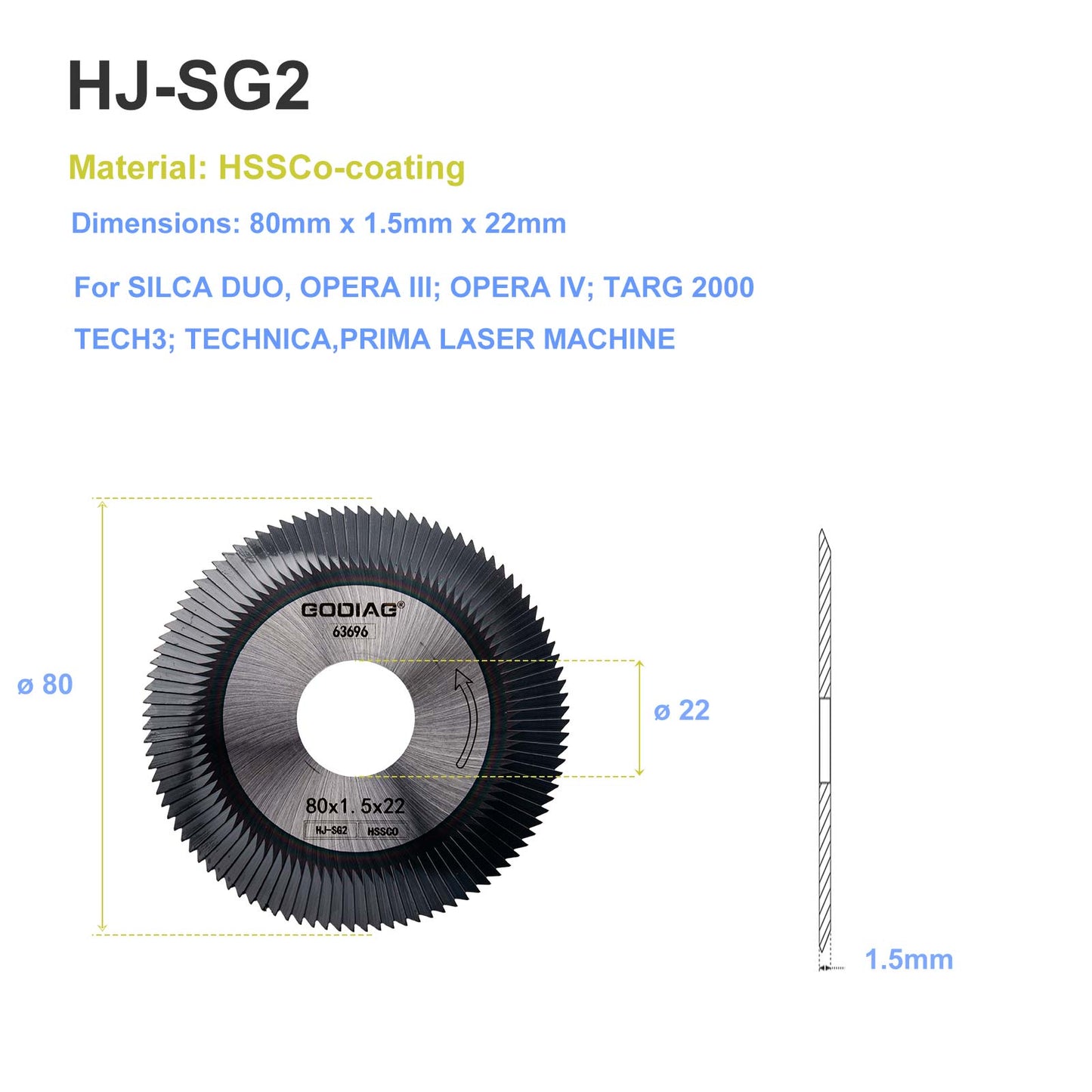 GODIAG HJ-SG2 Side Milling Cutter φ80x1.5xφ22 For SILCA DUO, OPERA III; OPERA IV; TARG 2000, TECH3; TECHNICA,PRIMA LASER MACHINE