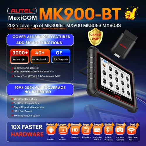 2026 Autel MaxiCOM MK900-BT Bidirectional Diagnostic Scanner Update of MX900 MK808BT CAN-FD&DOIP FCA Autoauth 40+ Service WiFi Print