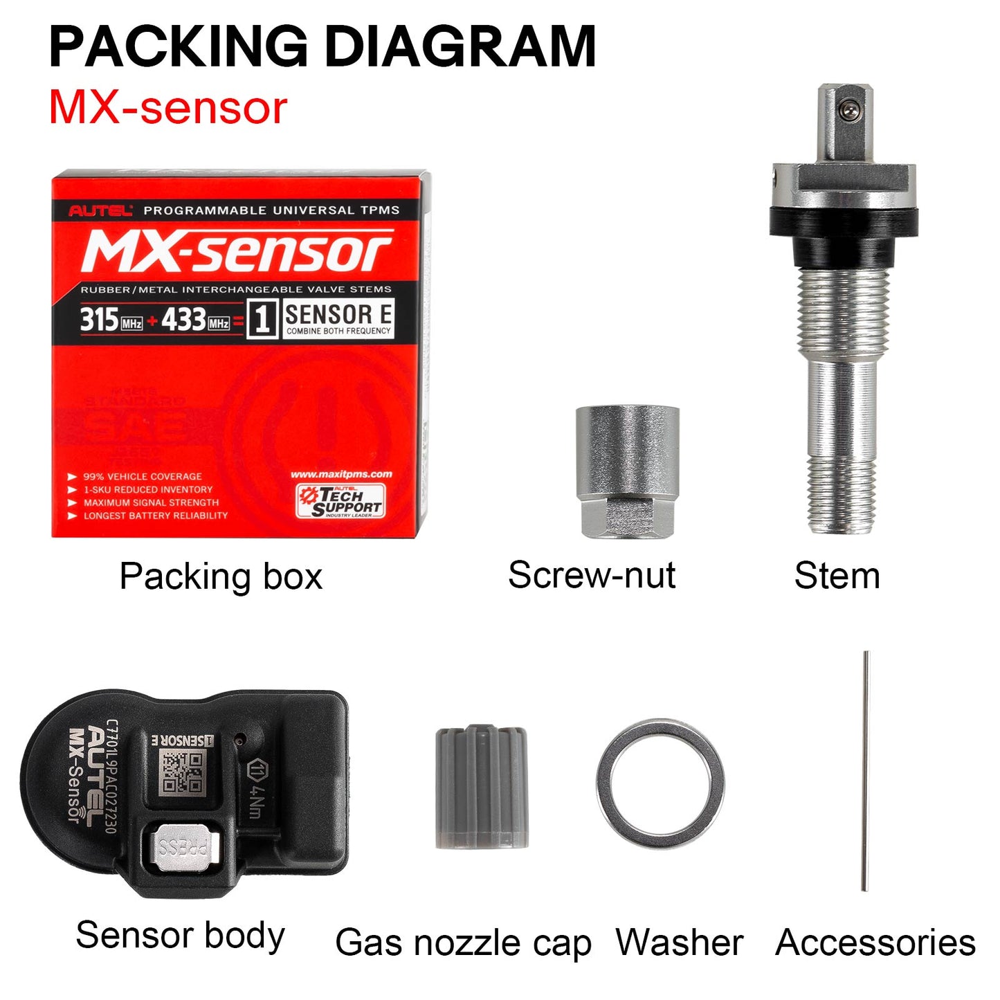 [4Pcs/ Set] Autel Metal MX-Sensor 433MHz and 315MHz 2 in 1 Universal Programmable TPMS Sensor