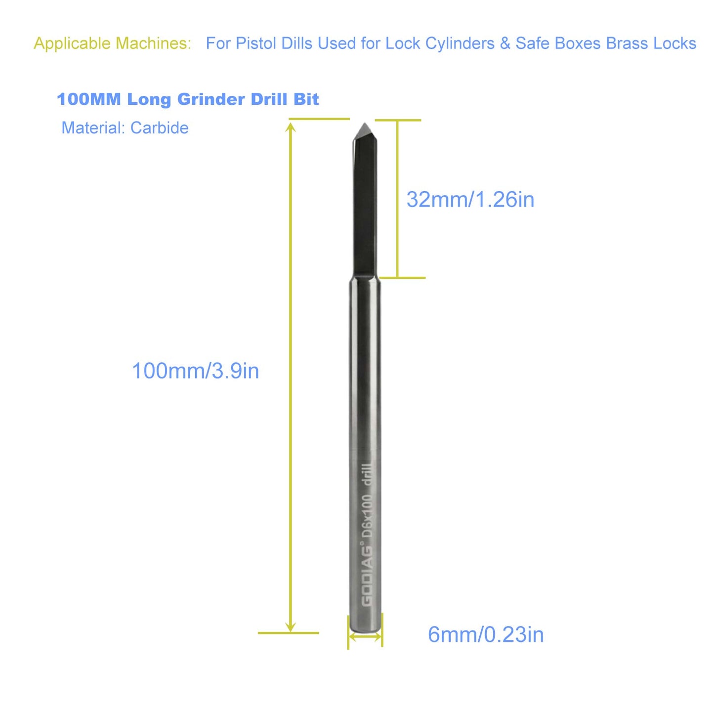 5pcs/lot GODIAG 100MM Long Grinder Drill Bit D6x33x100 For Pistol Dills Used for Lock Cylinders & Safe Boxes Brass Locks