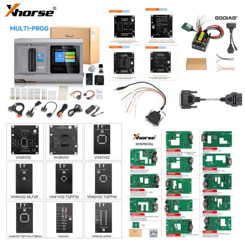 Özel adaptörlü Xhorse Multi Prog programlayıcı: MQB48 adaptörleri, MQB-RH850 adaptörü, GODIAG ECU GPT Boot AD ve G-V ECU kablosu seti