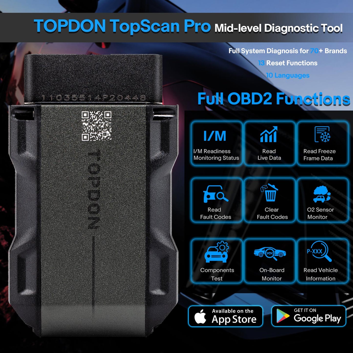 TOPDON TopScan Pro Mid-level Diagnostic Tool with 13 Reset Functions for 70+ Brands Supports iOS & Android FCA Renault Nissan Gateway Unlock TopFix AI