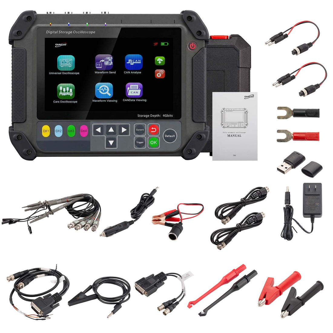 DIAGXT T80 Oscilloscope Universel & Oscilloscope Automobile, Stocker, Analyser, Modifier, Envoyer des Données CAN Bus, Facile pour Débutants avec Mémoire 4G