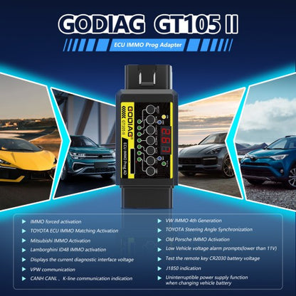 GODIAG GT105 II ECU IMMO Prog AD OBD2 Break Out Box ECU Connector Display Vehicle Voltage Car Battery Voltage Lower Than 11V Alarm Prompt